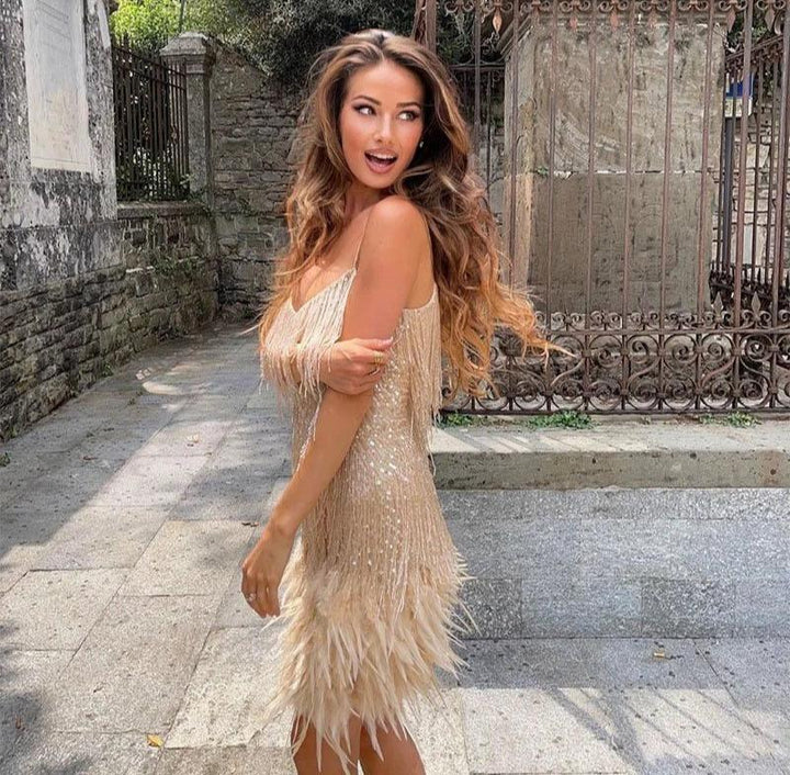 Margaret | Women’s Cocktail Dress with Fringe Feathers