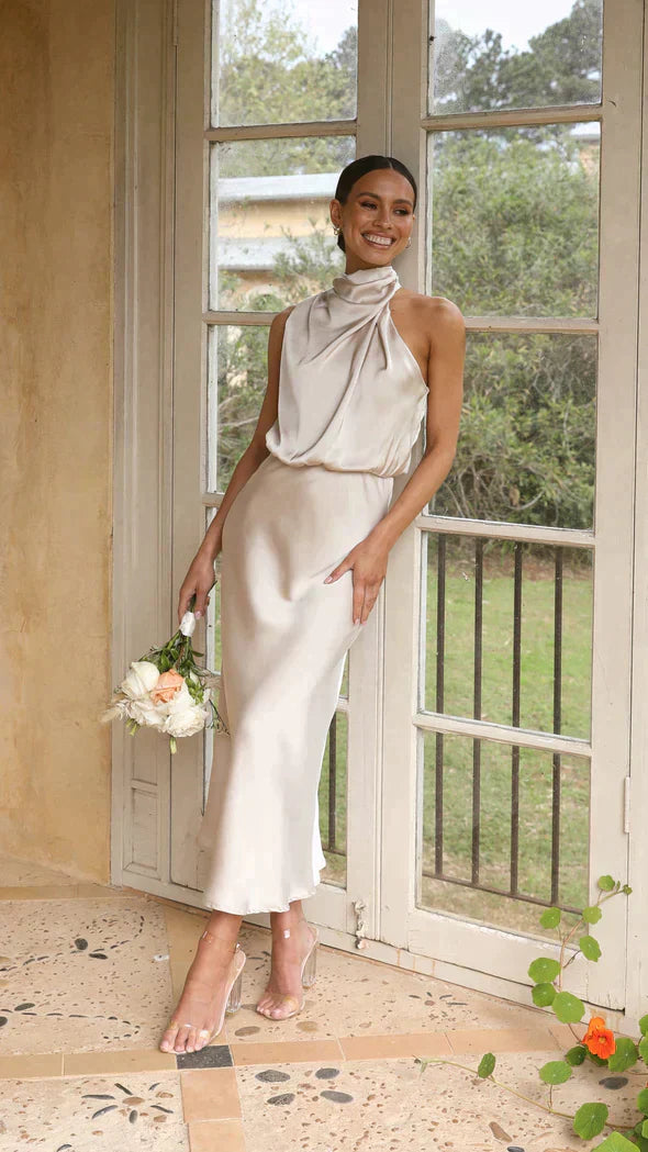 Selena | Women’s Elegant Halter Midi Dress Draped Neckline