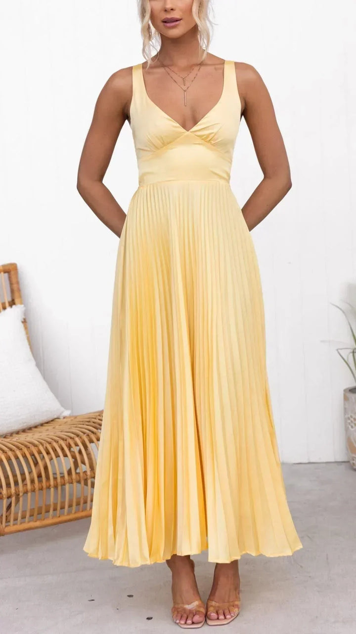 Bianca  | Women’s V-Neck Pleated Maxi Dress