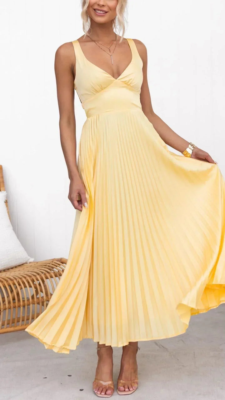 Bianca  | Women’s V-Neck Pleated Maxi Dress